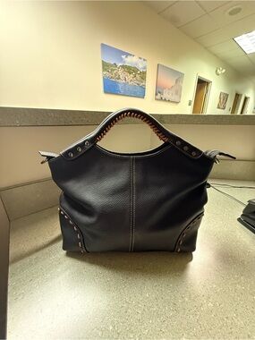 HESHE Genuine Black Leather Satchel Handbag